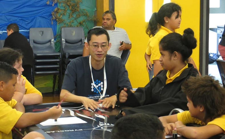 Associate Investigator Dr Luke Liu with students at Rotorua Primary School 