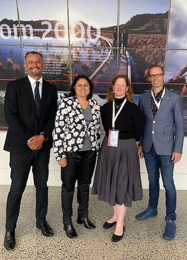 Minister for Research, Science and Innovation, Hon Dr Ayesha Verrall with Institute Board Chair Hēmi Rolleston and Co-Directors Nicola Gaston and Justin Hodgkiss