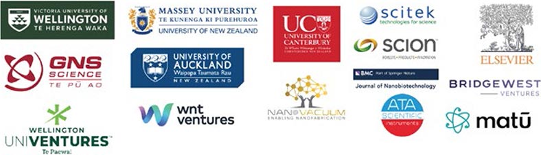 AMN10 sponsors - Victoria University of Wellington, GNS Science, Wellington UniVentures, Massey University, University of Auckland, WNT Ventures, University of Canterbury, Nano Vacuum, SciTech, Scion, Journal of Nanotechnology, ATA Scientific Instruments, Elsevier, Bridgewest Ventures, Matū