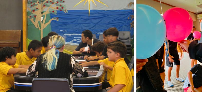 Left: Students at Rotorua Primary School. Right: Students at Te Rangihakahaka. 