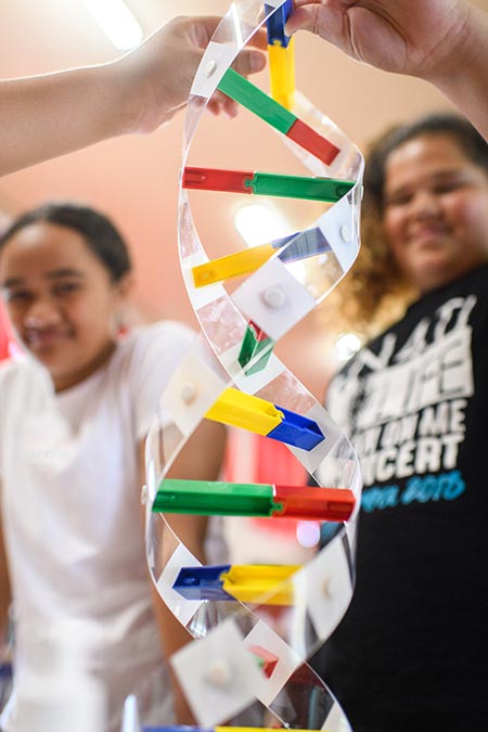 Two students holding up a model of the DNA double helix